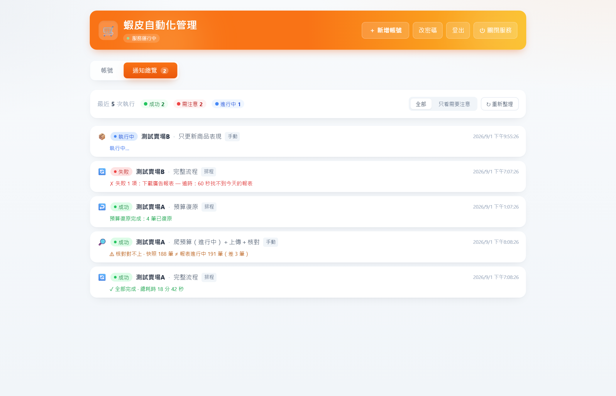 通知總覽：跨帳號跨功能的最近執行結果